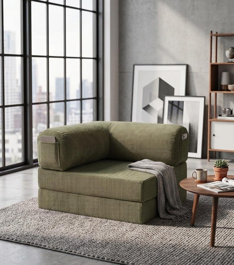 May include: A low-profile, olive green corduroy modular chair featuring a square, armless design with integrated side pockets. The seat is composed of thick, stacked foam cushions and is draped with a light gray textured throw blanket.
