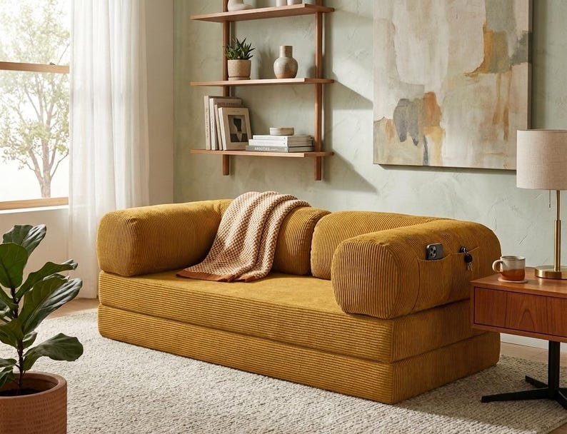 May include: A mustard yellow corduroy sofa with a low profile, rounded armrests, and a built-in side pocket containing a smartphone and keys. A beige and white checkered throw blanket is draped over the center of the seat cushions.
