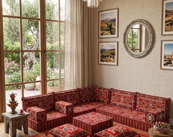 Arabic Sofa, Ottoman Sofa, Kilim Pattern Sofa, Floor Seating, U-Shaped Floor Sofa, Moroccan Sofa, Traditional Sofa, Arabic Majlis