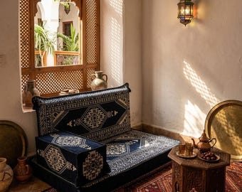 Majlis arabo, divano tradizionale, sedute a pavimento, divano arabo, divano ottomano, divano con motivo Kilim, divano a U da pavimento, divano marocchino