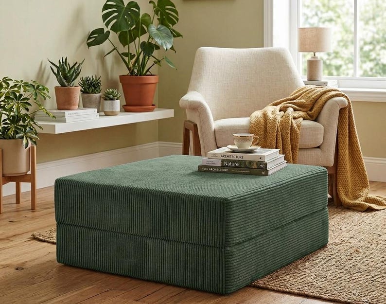 May include: A square, low-profile ottoman upholstered in a dark green corduroy fabric with a distinct ribbed texture. The piece features a clean, boxy silhouette and sits directly on the floor, serving as a versatile seating or footrest option.