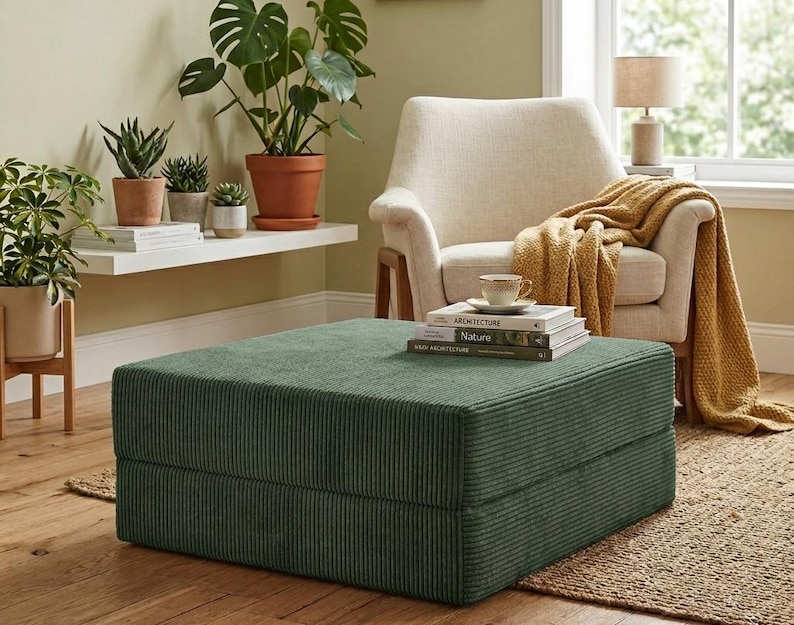 May include: A square, low-profile ottoman upholstered in a dark green corduroy fabric with a distinct ribbed texture. The piece features a clean, boxy silhouette and sits directly on the floor, serving as a versatile seating or footrest option.