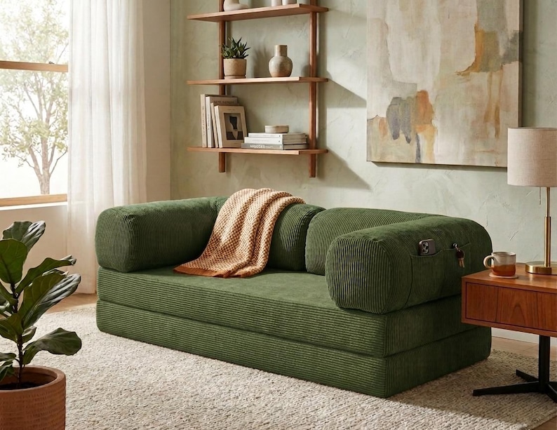 May include: A dark green corduroy sofa featuring a low-profile design with rounded armrests, a textured fabric finish, and a small side pocket on the right armrest containing a smartphone and keys, draped with a tan and white checkered throw blanket.