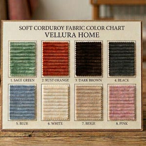 May include: A rectangular Vellura Home soft corduroy fabric color chart featuring eight swatches in sage green, rust orange, dark brown, black, blue, white, beige, and pink. Each swatch is labeled with a number and color name on a cream background.
