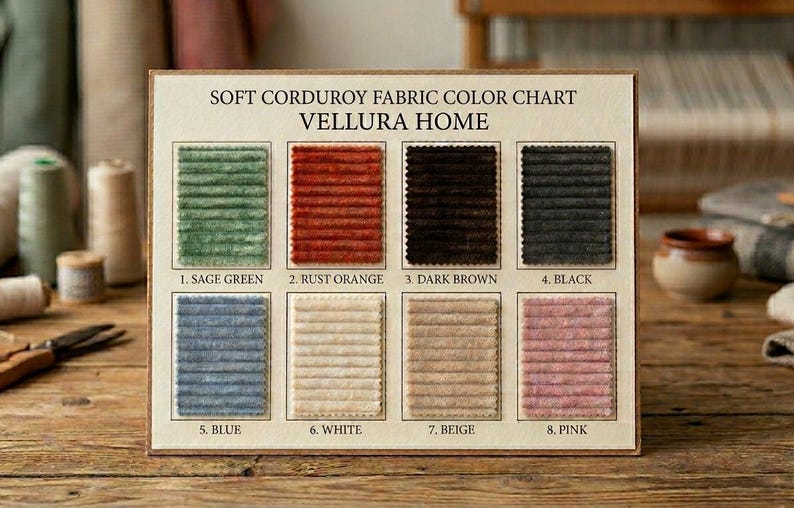 May include: A rectangular Vellura Home soft corduroy fabric color chart featuring eight swatches in sage green, rust orange, dark brown, black, blue, white, beige, and pink. Each swatch is labeled with a number and color name on a cream background.