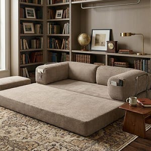May include: A beige corduroy modular sofa bed with a low-profile design, featuring integrated side pockets on the armrests for storage. The piece includes a matching rectangular ottoman and is upholstered in a textured, ribbed fabric material.
