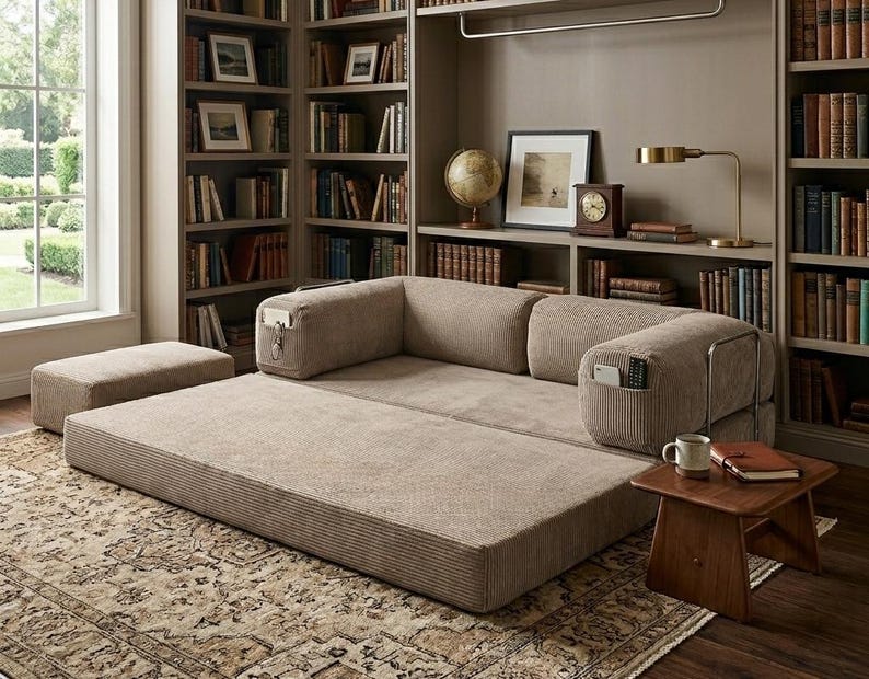 May include: A beige corduroy modular sofa bed with a low-profile design, featuring integrated side pockets on the armrests for storage. The piece includes a matching rectangular ottoman and is upholstered in a textured, ribbed fabric material.
