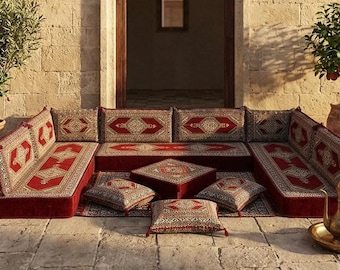 Divano arabo, divano ottomano, divano con motivo Kilim, sedute da pavimento, divano da pavimento a forma di U, divano marocchino, divano tradizionale, Majlis arabo