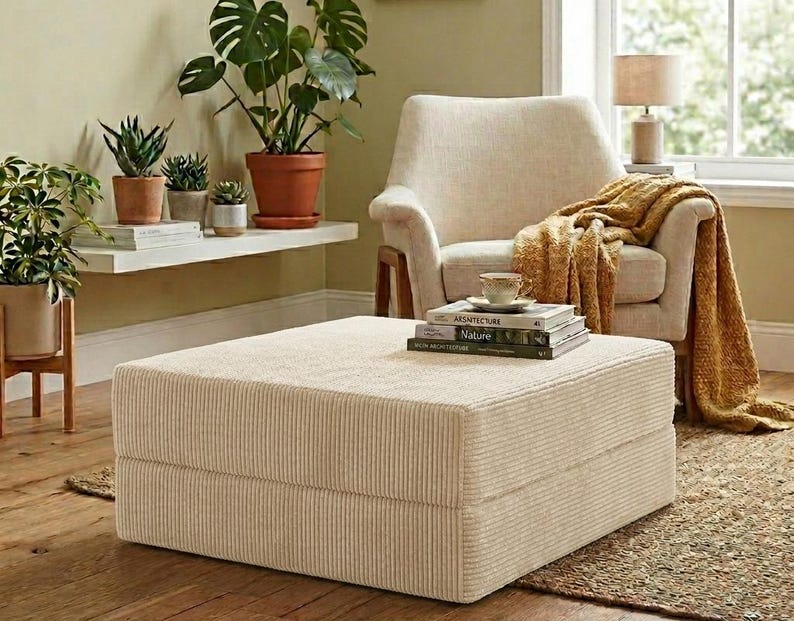 May include: A square, cream-colored corduroy ottoman sits in front of an upholstered armchair. The chair features a textured cream fabric and is draped with a mustard yellow knit throw blanket. A stack of books sits atop the ottoman.