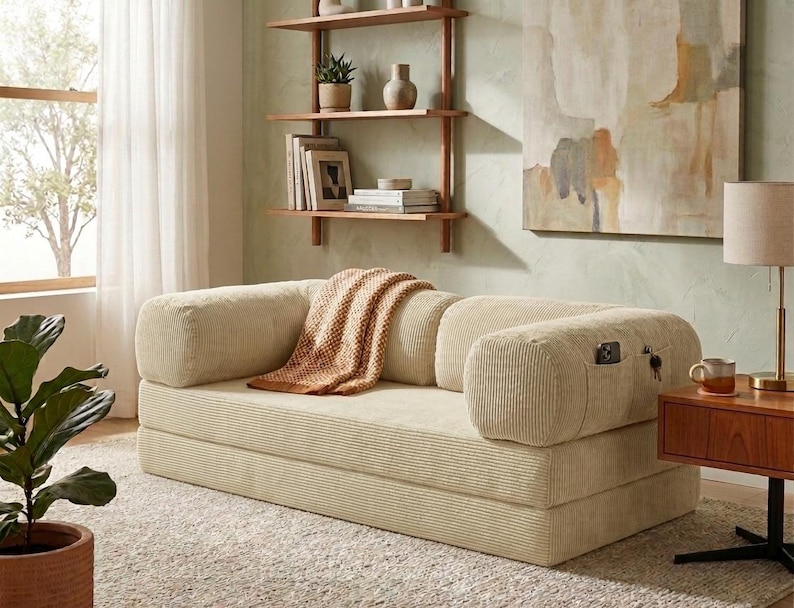 May include: A cream-colored corduroy sofa bed featuring a low-profile design with rounded armrests. The sofa includes a side pocket containing a smartphone and keys, and a textured orange and white throw blanket draped over the center seat cushion.