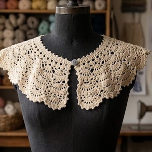 May include: A cream-colored crocheted collar featuring an intricate fan-like pattern and a scalloped edge. The collar is secured at the front with a single small button and is displayed on a black mannequin torso, showcasing the detailed needlework.