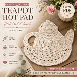 Haakpatroon theepot, pannenlap placemat-tutorial, Cottagecore Kitchen-pdf, hittebestendig, woondecoratie
