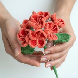 May include: A handmade crochet flower bouquet featuring coral-colored blooms with red accents and green leaves. The flowers are held in a person's hands against a white background. The crochet work is detailed and intricate.