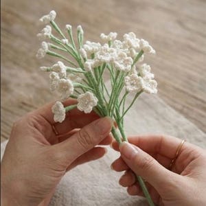 Può includere: Un bouquet di piccoli fiori bianchi all'uncinetto con steli verde chiaro. Ogni fiore presenta cinque petali delicati e un minuscolo dettaglio scintillante al centro. Gli steli sono avvolti in filo verde, creando un aspetto botanico realistico.