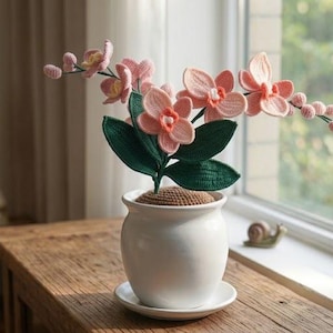 Pode incluir: Um vaso de cerâmica branco feito à mão com um delicado arranjo de orquídeas rosa. A orquídea apresenta pétalas detalhadas e folhas verdes, colocada sobre uma superfície de madeira perto de uma janela. Uma pequena figura decorativa de caracol também é visível.