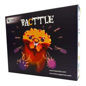 Op de afbeelding: Bordspeldoos met de titel "Bacttle" in witte letters. De doos toont een stripfiguur in geel, oranje en rood. De achtergrond is zwart met paarse en witte accenten. Het Focus Games-logo staat linksboven.