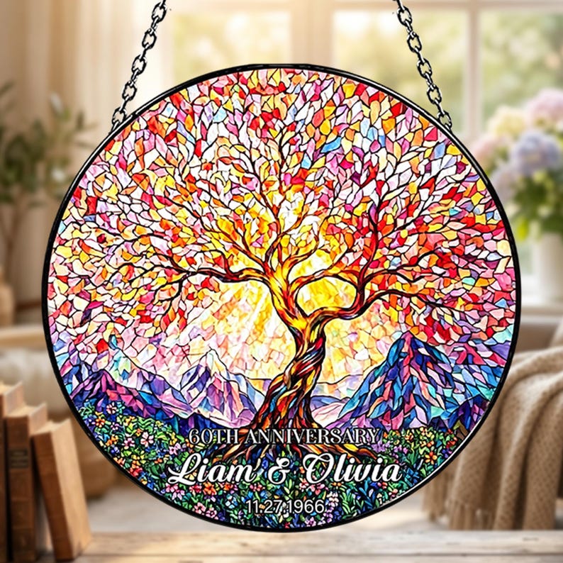 May include: A round stained glass panel featuring a colorful tree with a mountain backdrop. The tree has a brown trunk and branches with red, orange, and yellow leaves. The panel includes the text "60th Anniversary" and names "Liam & Olivia" with a date.