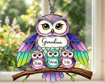 Personalized Owl Family Suncatcher, Custom Grandkids Names Grandma Gift, Faux Stained Glass Acrylic Window Art, Meaningful Family Keepsake