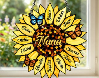 Personalized Sunflower Suncatcher Acrylic Window Hanging, Custom Family Name Gift for Grandma, Butterfly Sun Catcher Home Decor Keepsake