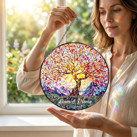 Custom Tree of Life Anniversary Glass Suncatcher, Personalized 50th Wedding Gift for Parents, Names and Date Keepsake, Window Hanging Decor