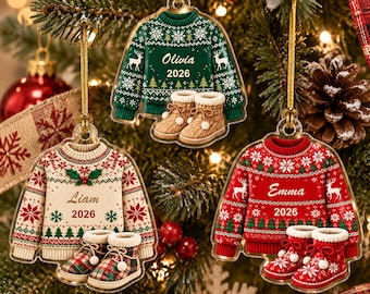 Personalized Christmas Sweater Ornament, Cozy Knit Sweater 2D Acrylic Ornament, Custom Name Holiday Decor, Winter Keepsake, Christmas Gift