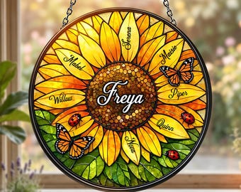 Sunflower Family Suncatcher Window Hanging, Acrylic Stained Glass Style Decor, Meaningful Family Gift for Mom, Personalized Window Decor