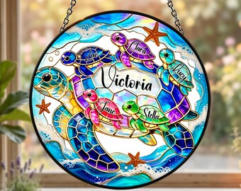 Custom Sea Turtle Family Name Acrylic|Glass Suncatcher, Ocean Window Hanging, Coastal Beach House Decor, Thoughtful Gift for Mom Grandma