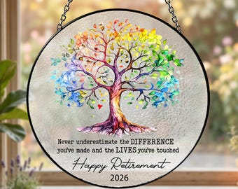Tree of Life Retirement Suncatcher Window Hanging, Stained Glass Style Decor, Inspirational Gift for Teacher & Nurse, Personalized Keepsake