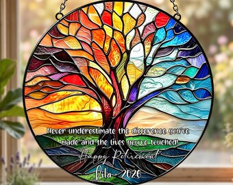 Custom Tree of Life Glass Suncatcher, Personalized Retirement Gift with Name and Year, Retirement Keepsake, Window Hanging Decor Gift