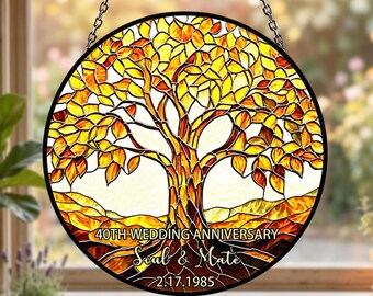 Tree of Life Stained Glass Suncatcher, Personalized Custom Name & Date Window Hanging, Unique Anniversary, Birthday, or Housewarming Gift