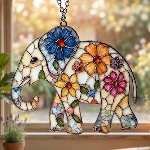 Custom Floral Elephant Window Hanging, Personalized Acrylic Suncatcher, Boho Animal Decor Gift, Elephant Lover Gift, Housewarming Decor