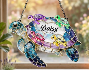 Custom Sea Turtle Window Suncatcher, Mothers Day Gift for Mom Grandma, Family Name Kids Names Gift, Beach Lover Decor, Ocean Theme Art