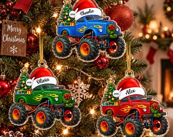 Personalized Monster Truck Christmas Ornament, Custom Truck Acrylic Ornament, Holiday Tree Decor, Xmas Gift, Name Keepsake, Christmas Gift