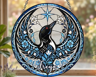 Personalized Loon Stained Glass Suncatcher, Custom Name Loon Window Hanging, Blue Floral Loon Decor, Loon Lover Gift, Lake House Sun Catcher