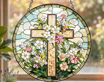 Cross Suncatcher, Floral Christian Window Hanging, Personalized Name Acrylic Stained Glass Style Decor, Baptism Gift, Religious Gift