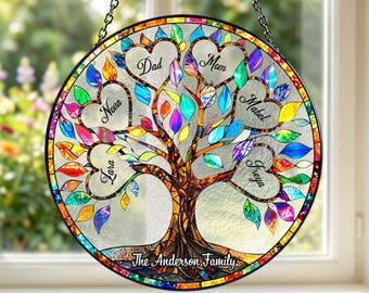 Family Tree Suncatcher Window Hanging, Acrylic Stained Glass Style Decor, Gift for Mom & Grandma, Personalized Family Name Window Decor
