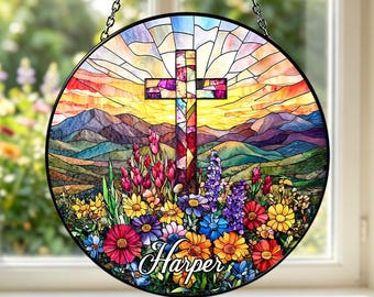 Stained Glass Style Cross Suncatcher, Bright Wildflower Acrylic Window Hanging,Christian Gift for Baptism & Memorial,Personalized Name Decor