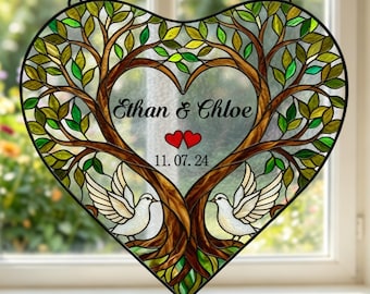 Custom Love Birds Glass Suncatcher,Personalized Couple Names Heart Tree Hanging,Wedding Gift Idea,Anniversary Gift for Couple,Romantic Decor