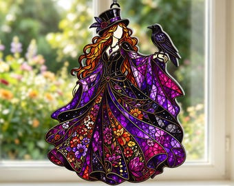 Personalized Gothic Raven Acrylic Suncatcher, Purple Witch Floral Window Hanging, Stained Glass Style Decor, Mystical Home Gift for Her