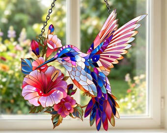 Hummingbird Acrylic Suncatcher, Custom Name Floral Window Hanging, Nature Bird Lover Home Decor, Unique Personalized Gift for Bird Lovers