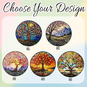May include: Circular designs featuring stained-glass style tree art. Each design includes the text "60th Anniversary" and the names "Liam & Olivia" with the date "11.27.1966". The designs are labeled S1 through S5, and the text "Choose Your Design" is at the top.