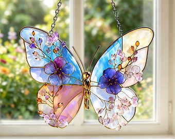 Floral Butterfly Acrylic Suncatcher Window Decor, Pastel Butterfly Art, Garden Window Hanging Ornament, Gift for Mom & Nature Lovers