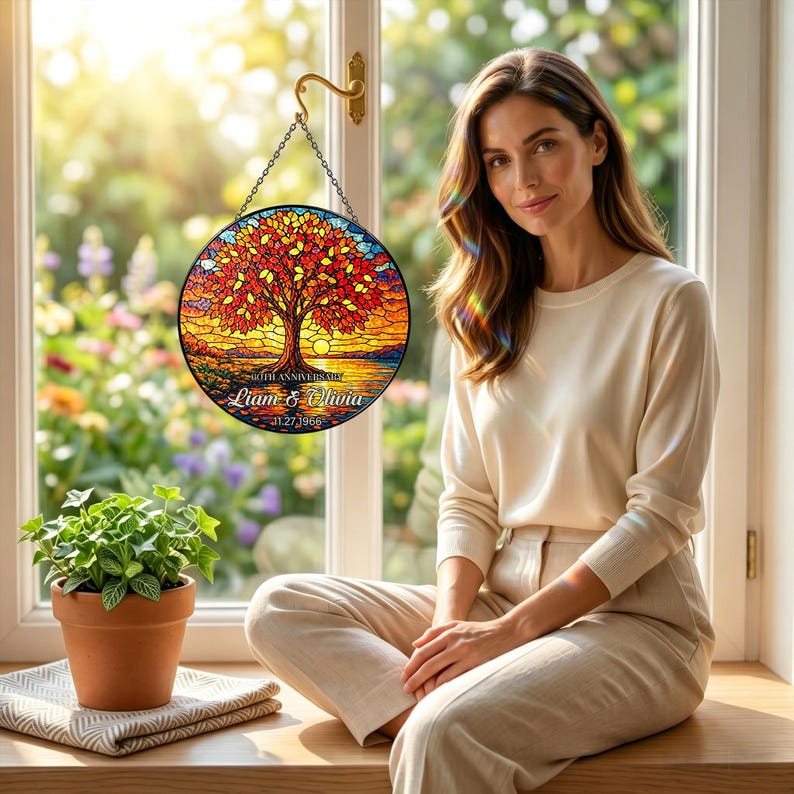 May include: A round stained glass window hanging from a gold hook. The window features a tree with red and orange leaves, a lake, and the text "Liam & Olivia 1.27.1966". A woman sits in front of a window with a plant in a terracotta pot.