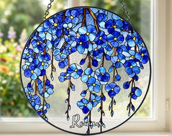 Floral Suncatcher, Personalized Forget-Me-Not Stained Glass Window Hanging, Memorial Sympathy Keepsake Gift for Family, Friends & Loved Ones