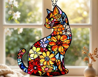 Cute Colorful Cat Suncatcher, Acrylic Window Hanging Decor, Stained Glass Style Cat Ornament, Gift for Cat Lover Women Mom,Home Window Decor
