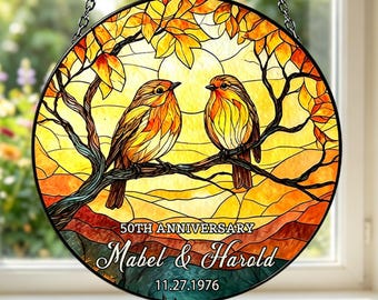 Personalized Lovebirds Glass Suncatcher, 50th Golden Anniversary Gift for Parents, Couple Names Window Hanging, Wedding Anniversary Keepsake