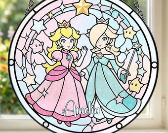 Fantasy Princess Glass Suncatcher, Pink and Galaxy Princess Window Hanging, Video Game Inspired Decor, Cute Room Decoration Gift
