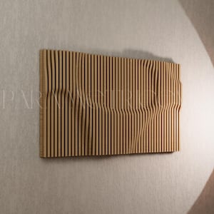 May include: A digital file for a wall art panel featuring a series of vertical wooden slats with a wave-like, undulating surface texture. The image includes text labels for DXF, PDF, DWG, and 3DM file formats, and states DIGITAL FILE ONLY.