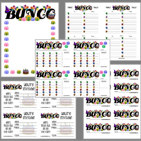 Birthday Party Bunco Printable Set, Bunco Score Cards & Tally Sheet, Instant Download, Editable Bunco Invites