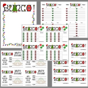 May include: A collection of printable Christmas-themed Bunco game materials including score sheets, tally cards, invitations, and name tags. Each item features festive graphics like a decorated tree, Santa hat, ornaments, and colorful light strings.